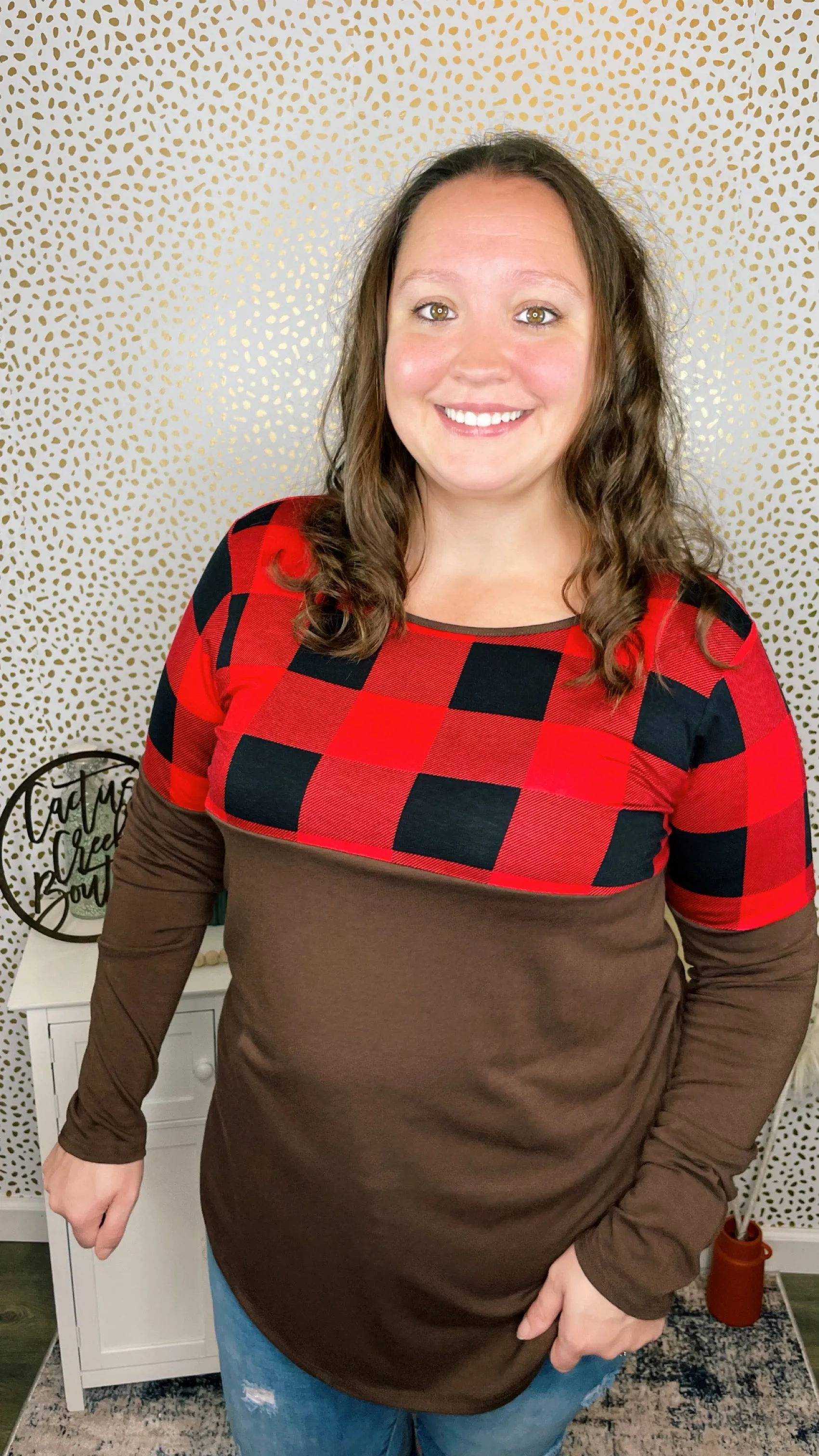 Plaid Color Block Long Sleeve Mocha