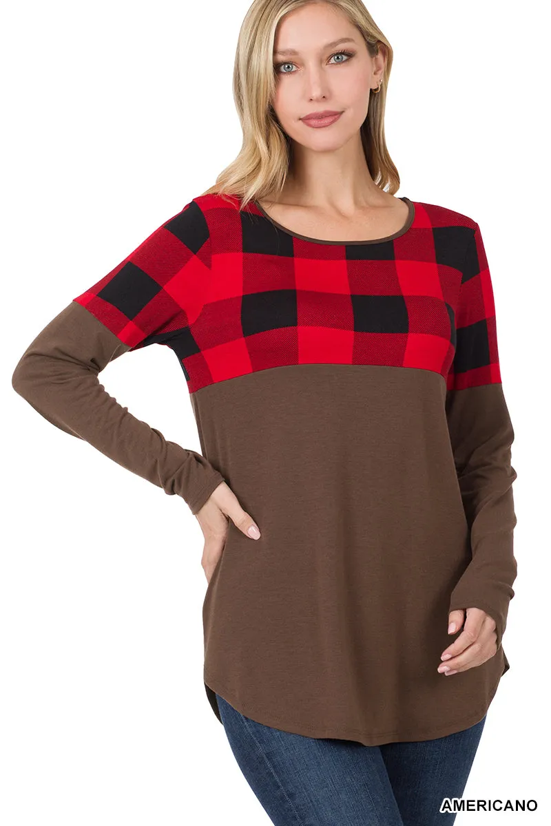 Plaid Color Block Long Sleeve Mocha