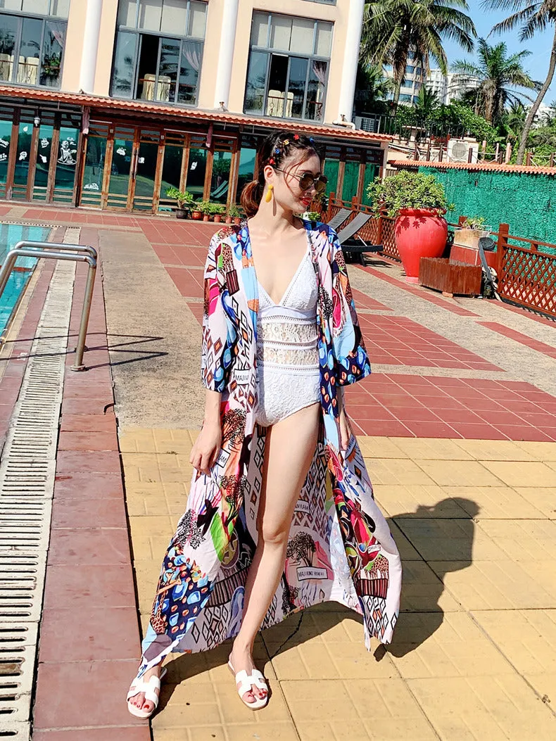 Printed Multicolor Cotton Long Length Gown Kimono Duster Robe