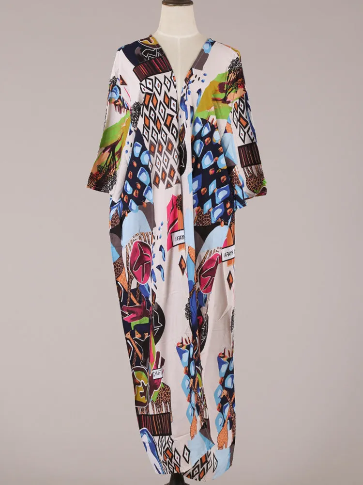 Printed Multicolor Cotton Long Length Gown Kimono Duster Robe