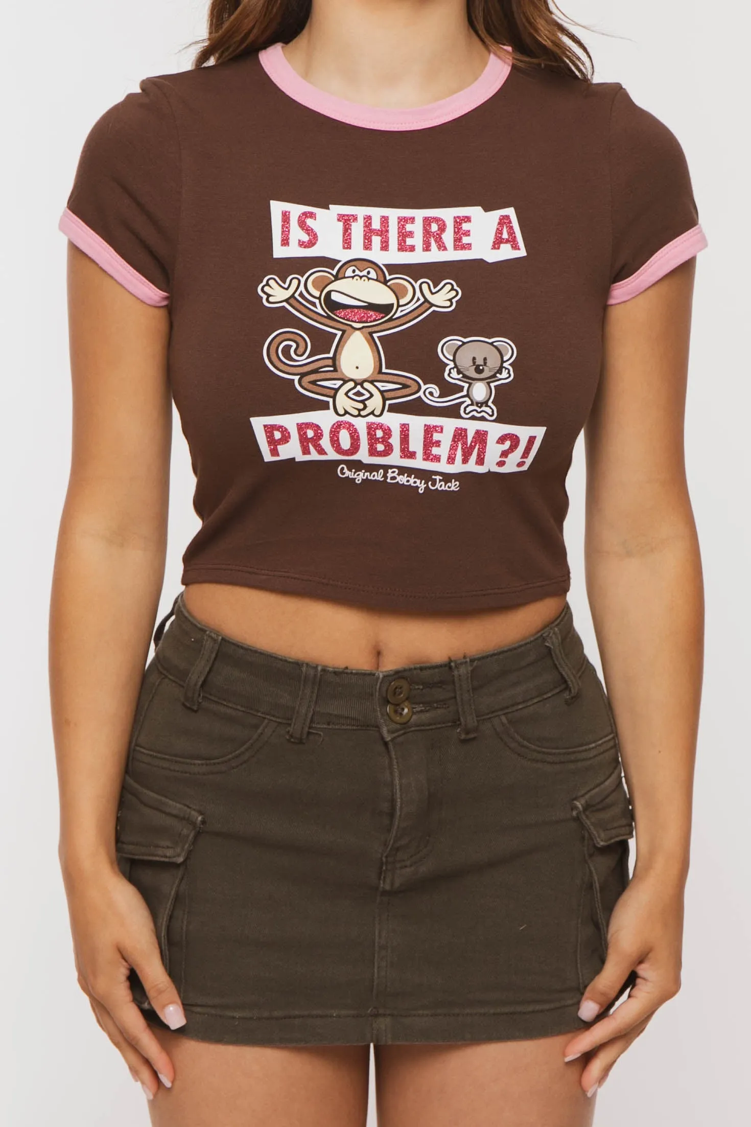 Problem - Bobby Jack Crop Glitter Ringer Top -Brown