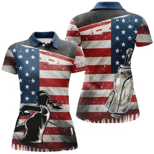 Retro American Flag Golf Women Polo Shirt Custom Name Patriotic Golf Tops For Women Golf Gift