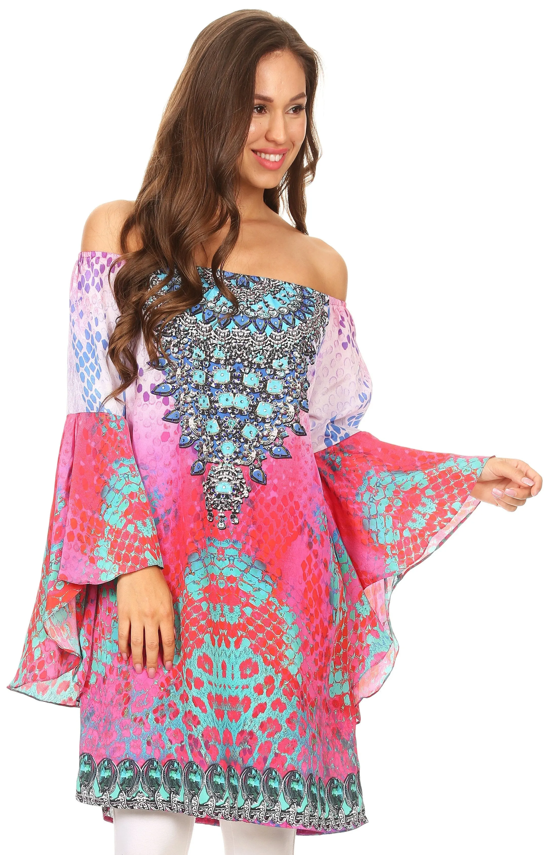 Sakkas Inna Colorful Shift Dress Tunic with Bell Ruffled Sleeves & Rhinestones