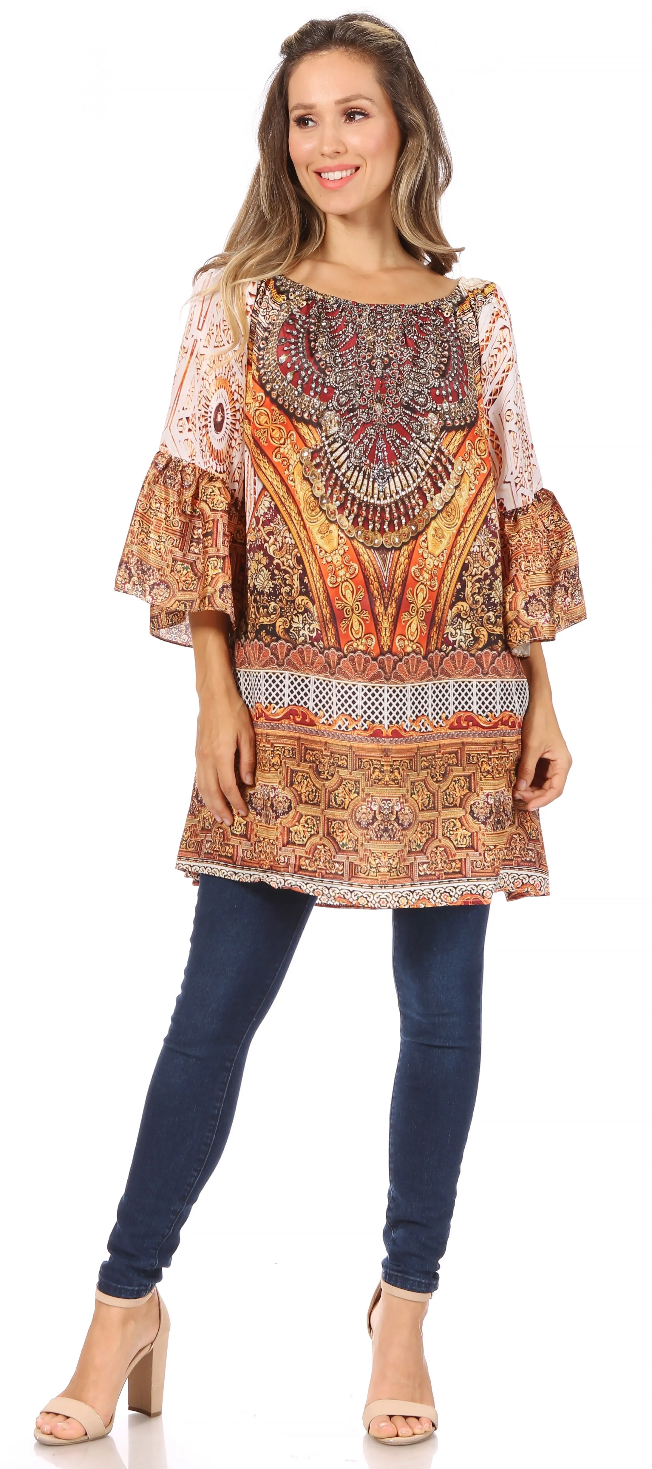 Sakkas Inna Colorful Shift Dress Tunic with Bell Ruffled Sleeves & Rhinestones