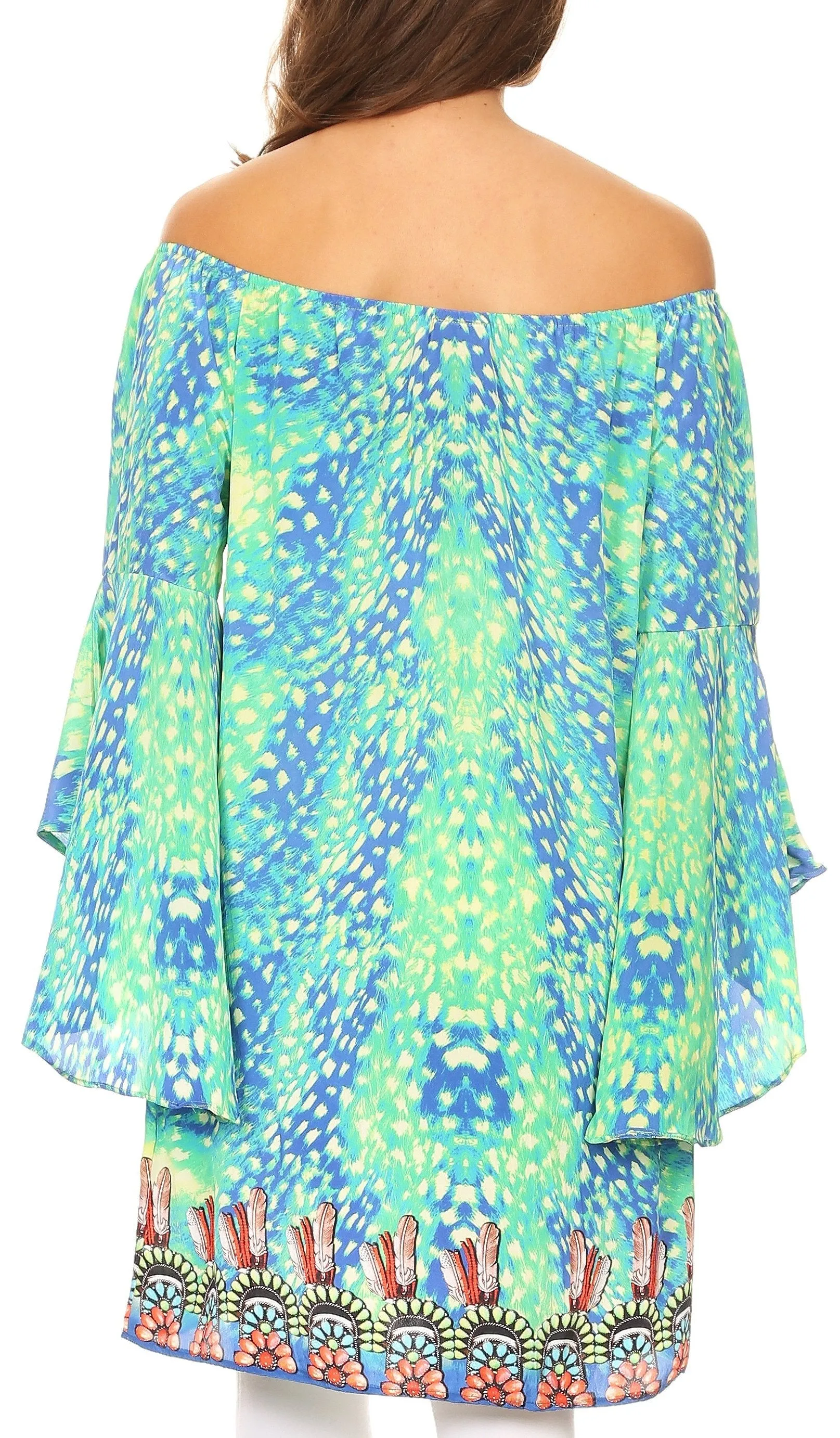 Sakkas Inna Colorful Shift Dress Tunic with Bell Ruffled Sleeves & Rhinestones