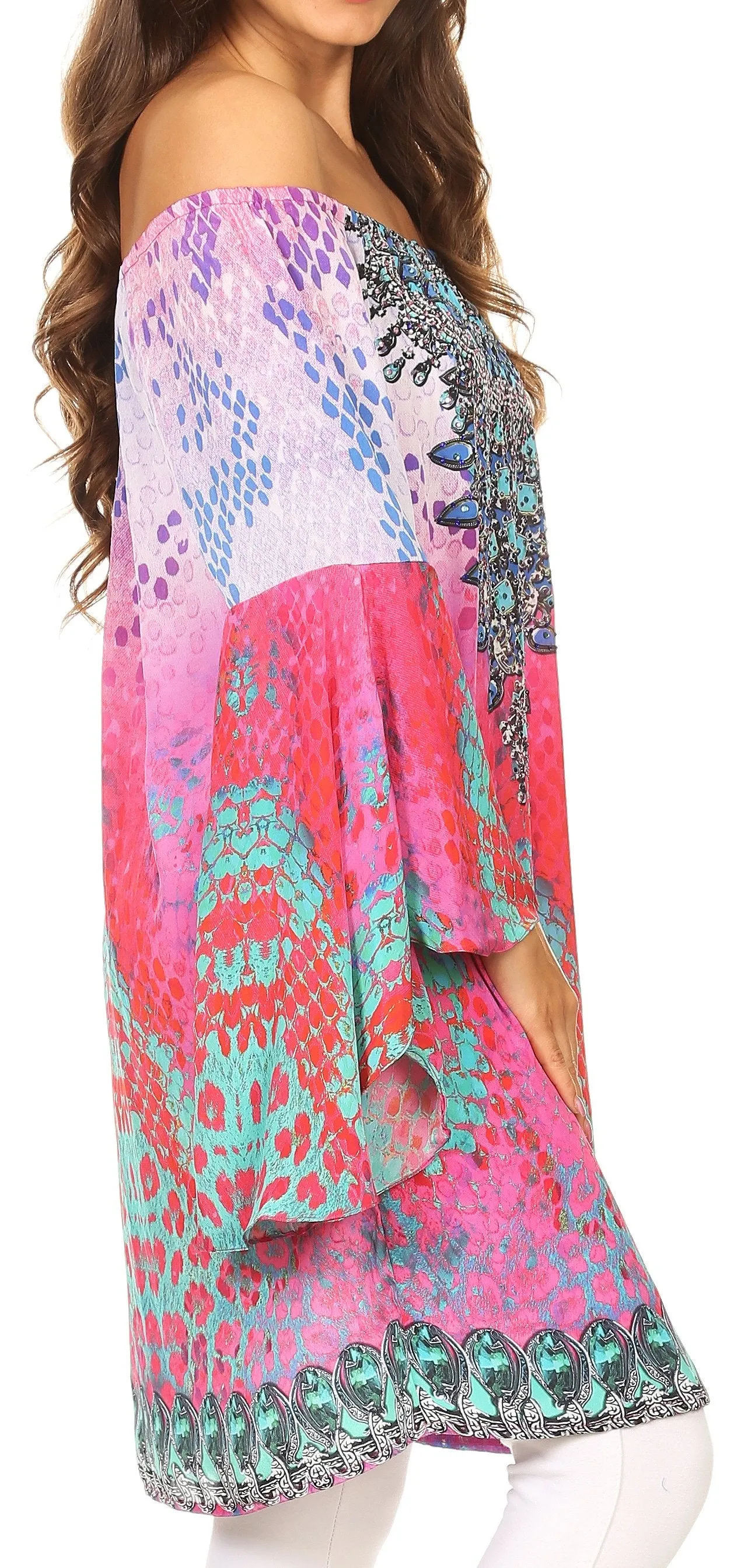 Sakkas Inna Colorful Shift Dress Tunic with Bell Ruffled Sleeves & Rhinestones