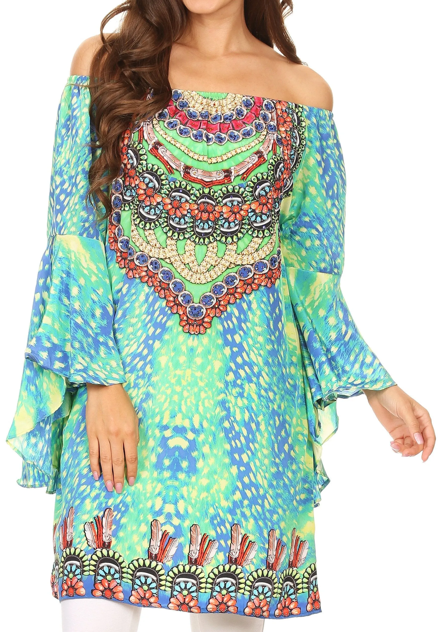 Sakkas Inna Colorful Shift Dress Tunic with Bell Ruffled Sleeves & Rhinestones