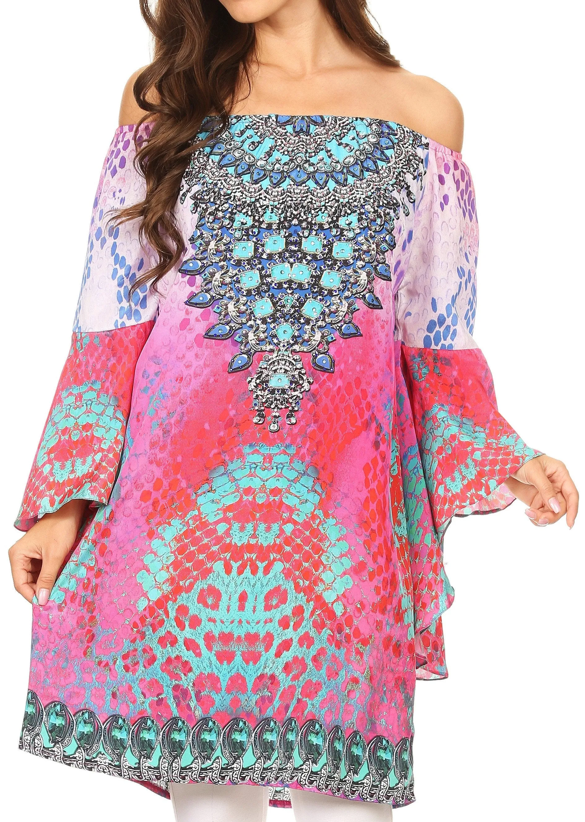 Sakkas Mosi Colorful Shift Dress Tunic with Bell Ruffled Sleeves & Rhinestones