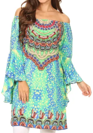 Sakkas Mosi Colorful Shift Dress Tunic with Bell Ruffled Sleeves & Rhinestones