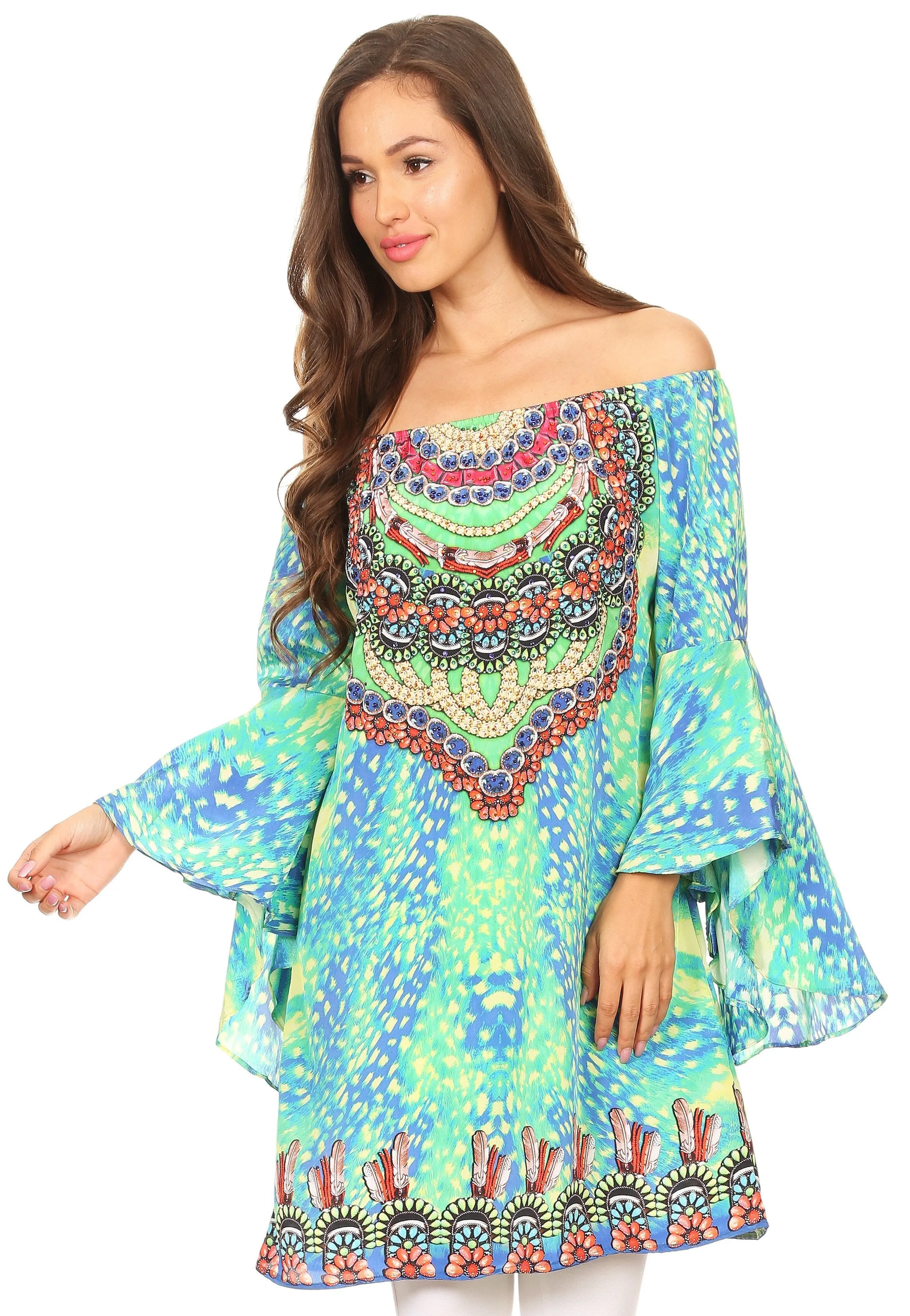 Sakkas Mosi Colorful Shift Dress Tunic with Bell Ruffled Sleeves & Rhinestones