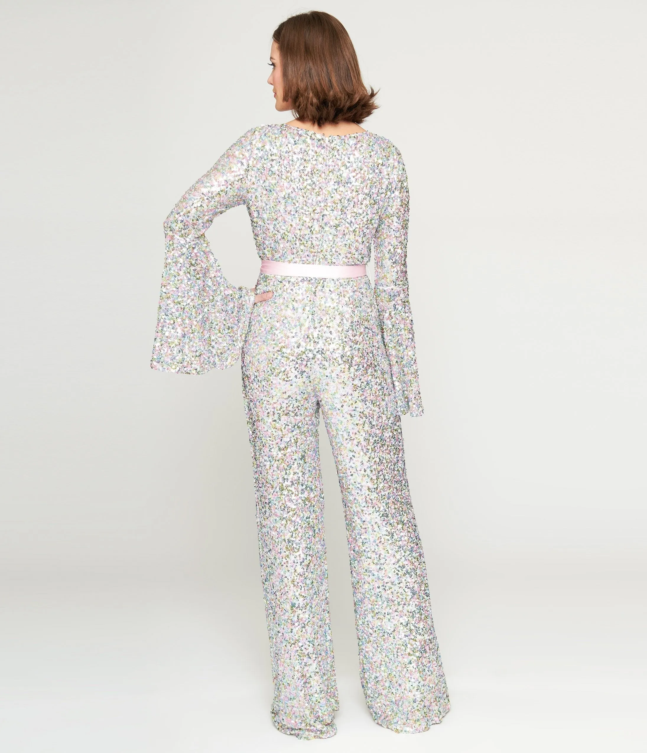 Smak Parlour 1960s Pastel Rainbow Sequin Bell Sleeve Jumpsuit