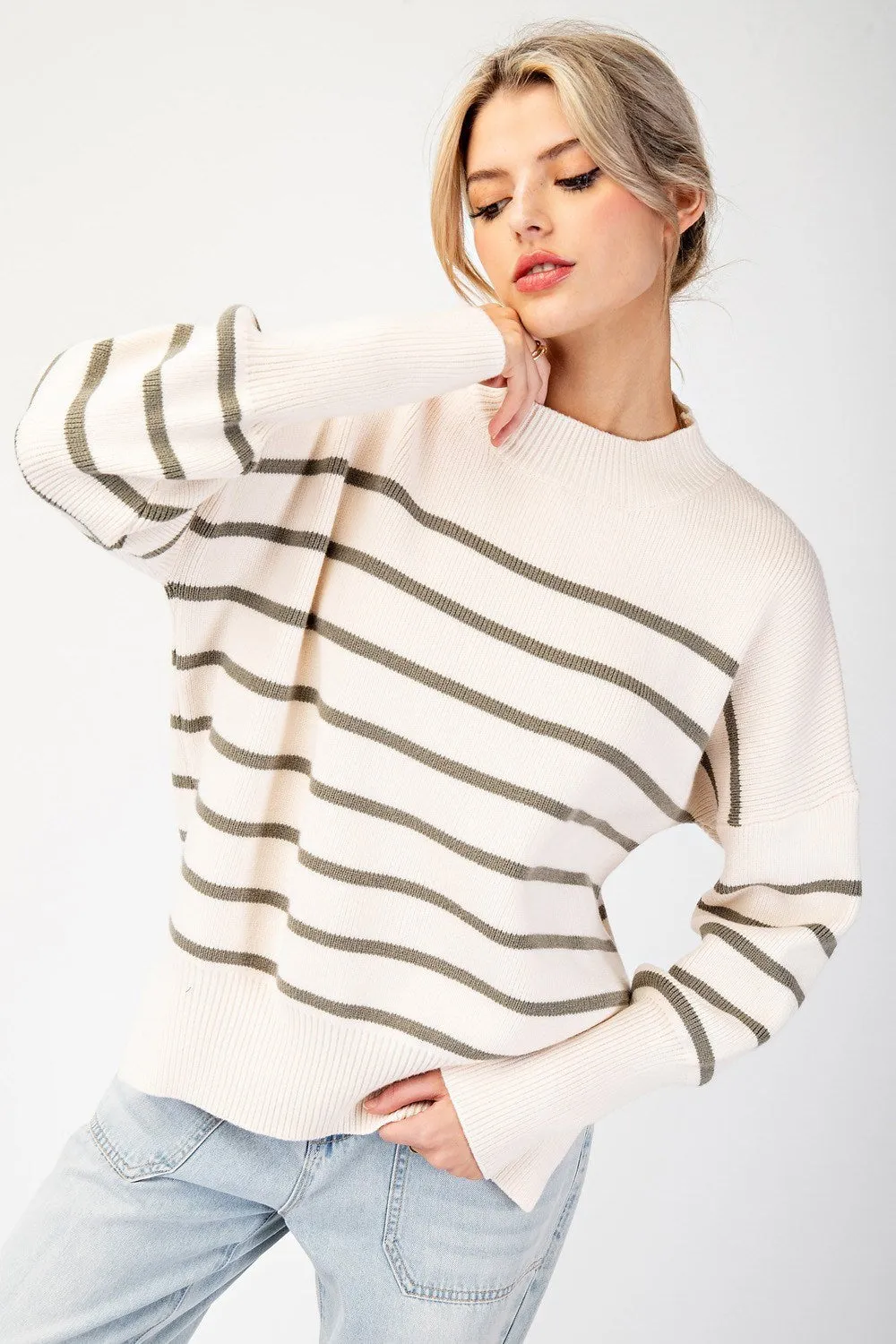 Striped Sweater Slit Hem