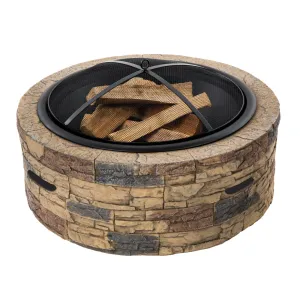 Sun Joe SJFP28-STN-CL 28-Inch Cast Stone Base, Wood Burning 24-Inch Fire Pit w/Dome Screen and Poker, Classic Stone