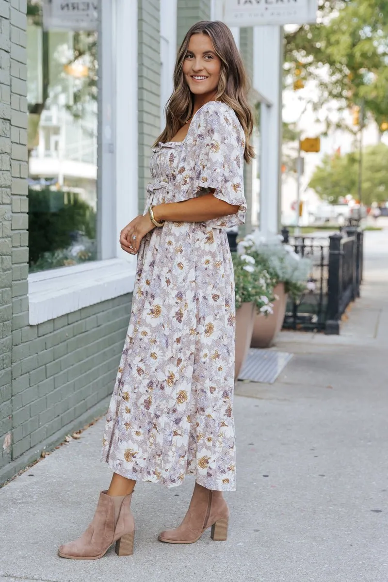 Taupe Floral Print Ruffle Sleeve Midi Dress - FINAL SALE