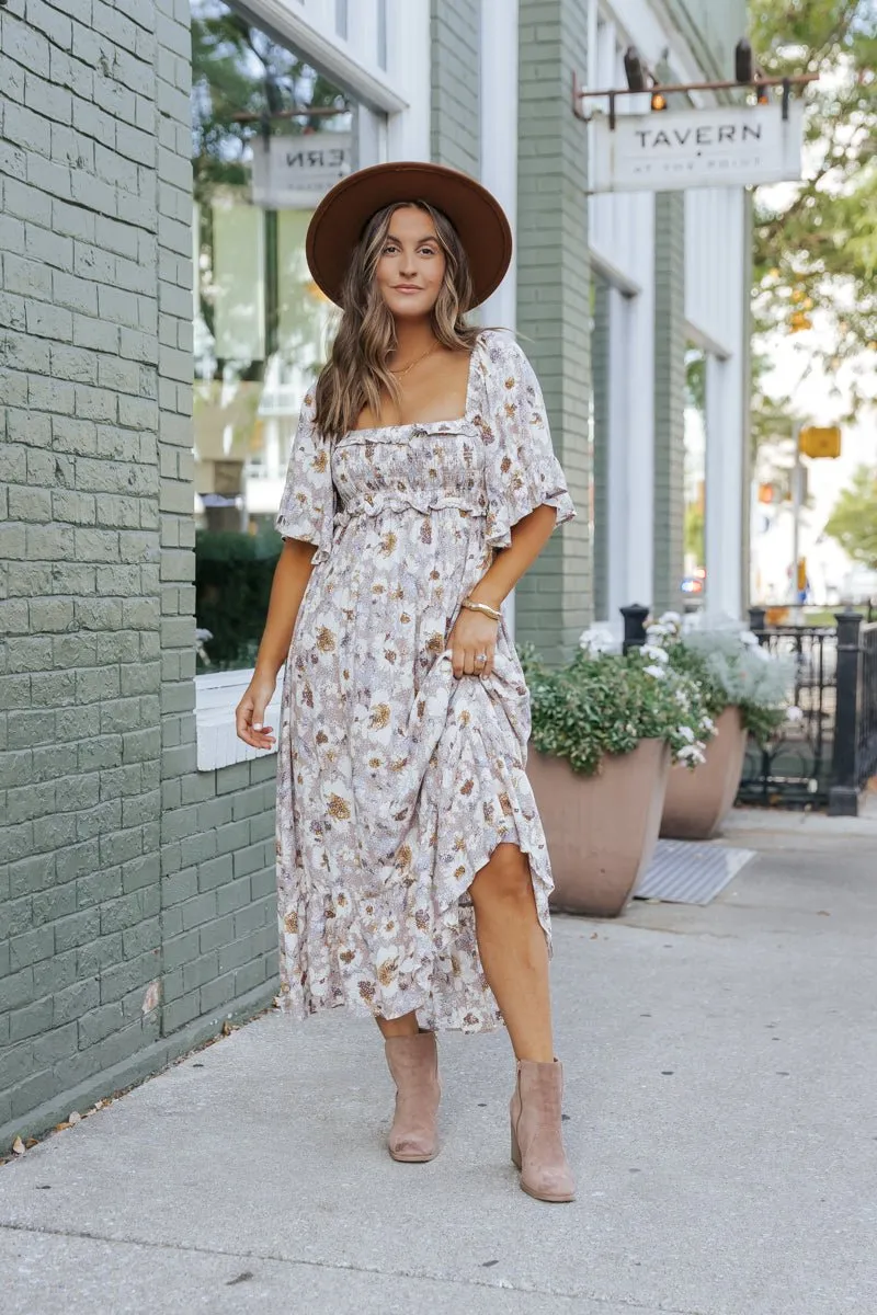 Taupe Floral Print Ruffle Sleeve Midi Dress - FINAL SALE