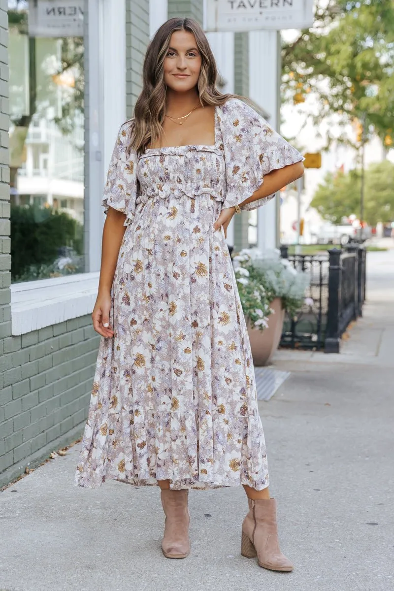 Taupe Floral Print Ruffle Sleeve Midi Dress - FINAL SALE