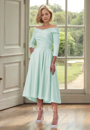 Tube Top Long Sleeves A-Line Tea-Length Pleats Satin Cocktail Dress with Appliques Mother of Groom