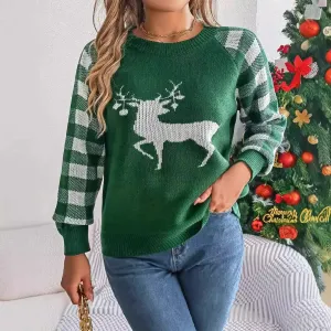 Wenkouban-Christmas Thanksgiving outfits_Checkered Deer Long Sleeve Hoodie Red Green Knitted Pullover New Year Christmas Sweater