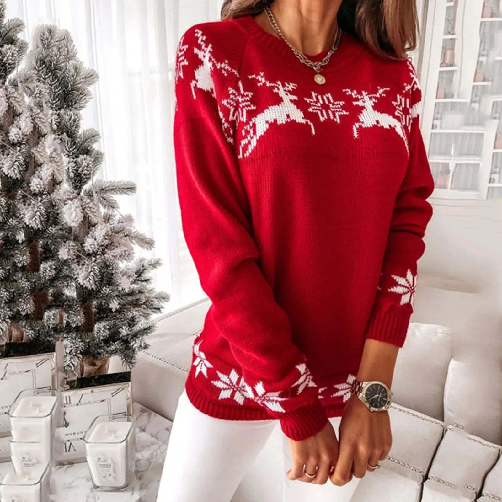 Wenkouban-Christmas Thanksgiving outfits_Knitted Round Neck Casual Long Sleeve Christmas Deer Jumper Christmas Sweater