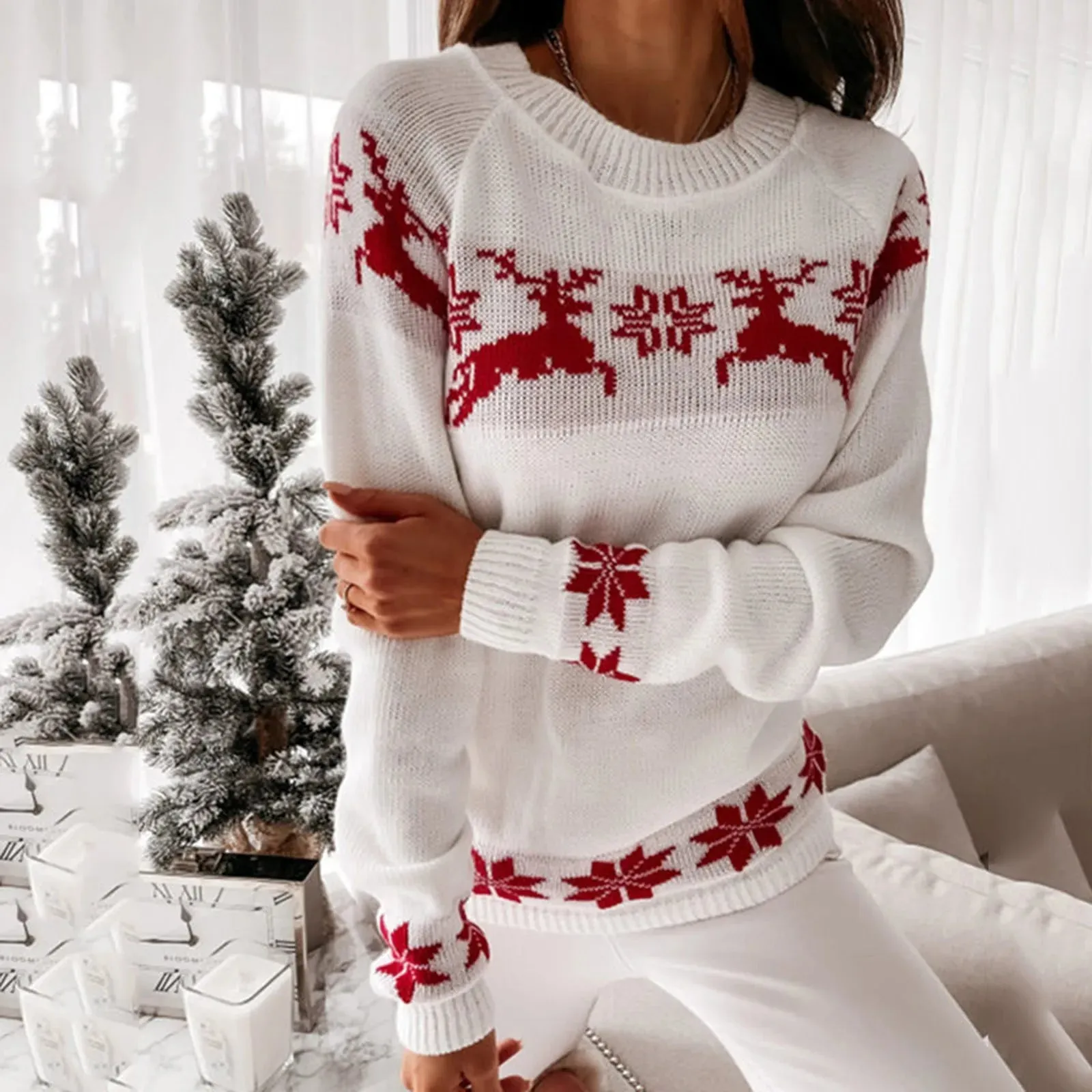 Wenkouban-Christmas Thanksgiving outfits_Knitted Round Neck Casual Long Sleeve Christmas Deer Jumper Christmas Sweater