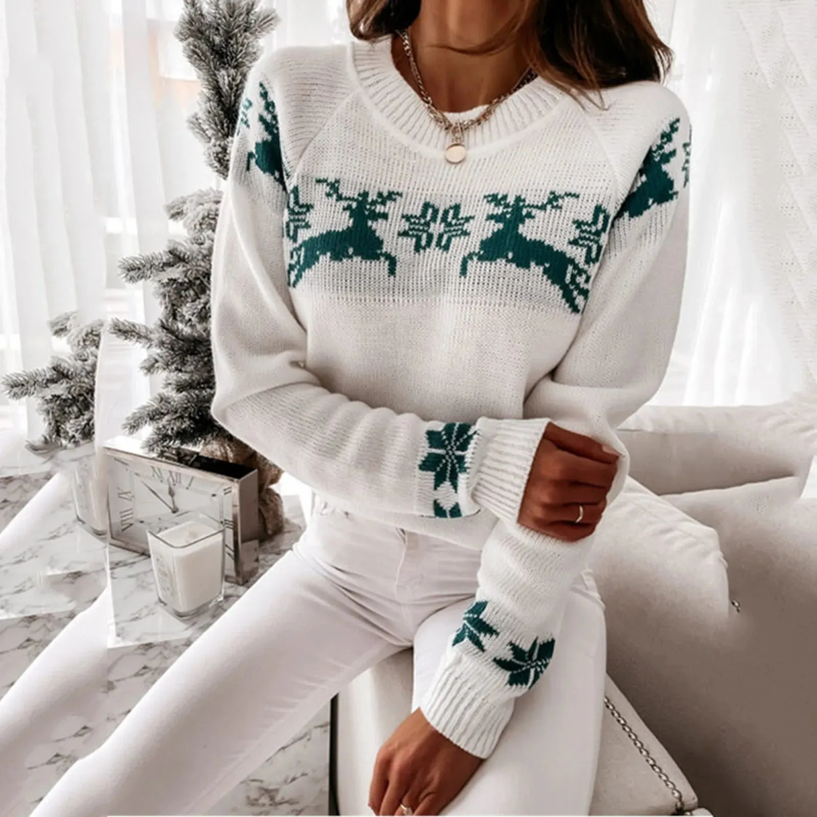 Wenkouban-Christmas Thanksgiving outfits_Knitted Round Neck Casual Long Sleeve Christmas Deer Jumper Christmas Sweater