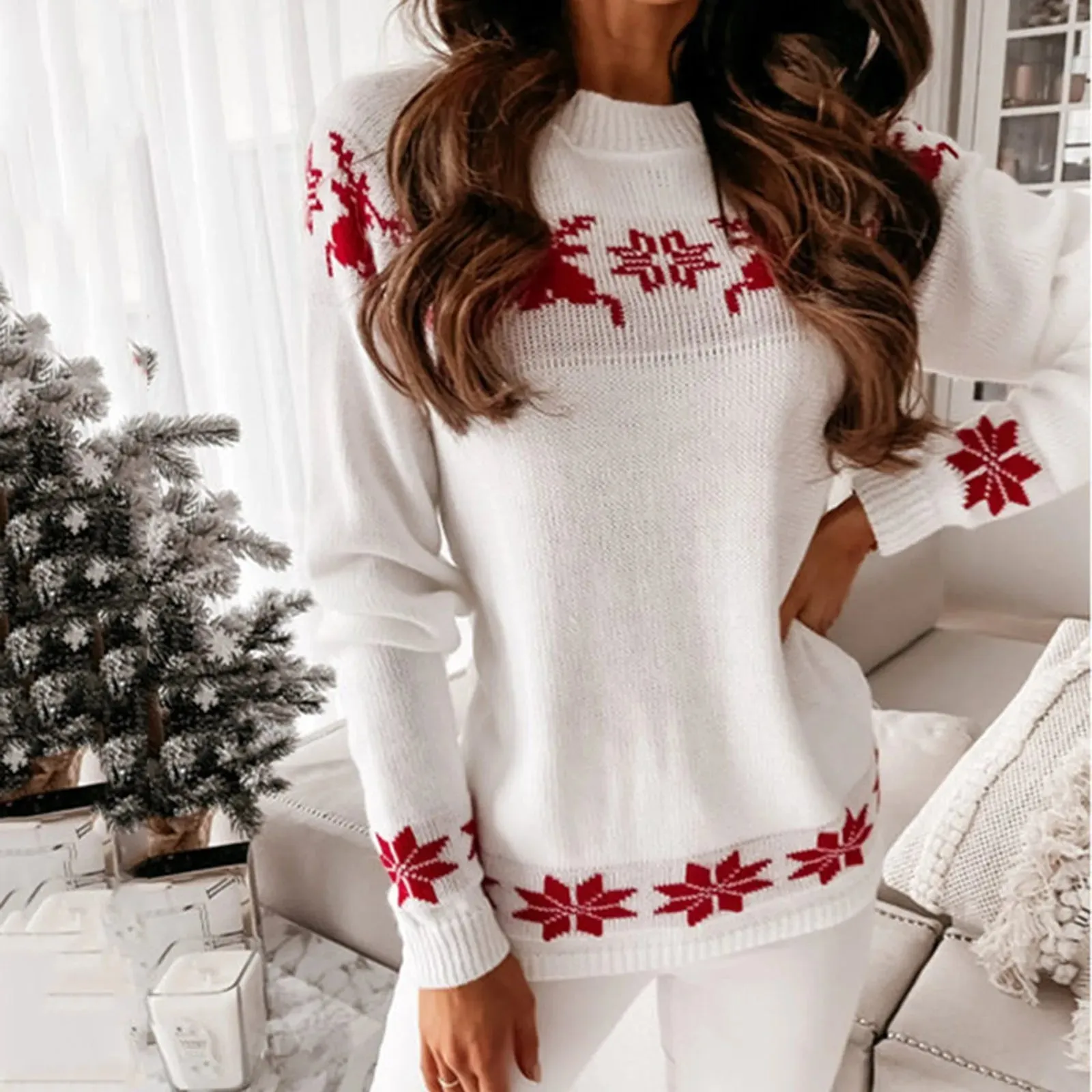 Wenkouban-Christmas Thanksgiving outfits_Knitted Round Neck Casual Long Sleeve Christmas Deer Jumper Christmas Sweater