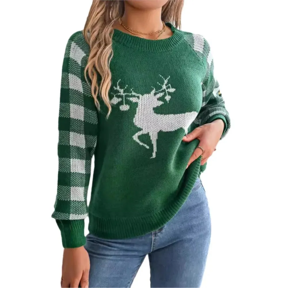 Wenkouban-Christmas Thanksgiving outfits_Loose Round Neck Knitted Autumn Winter Plaid Long Sleeved Christmas Christmas Sweater