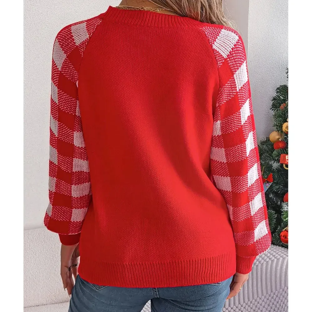 Wenkouban-Christmas Thanksgiving outfits_Loose Round Neck Knitted Autumn Winter Plaid Long Sleeved Christmas Christmas Sweater