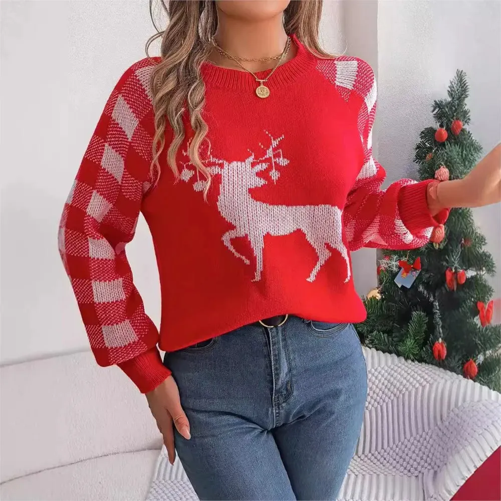 Wenkouban-Christmas Thanksgiving outfits_Loose Round Neck Knitted Autumn Winter Plaid Long Sleeved Christmas Christmas Sweater