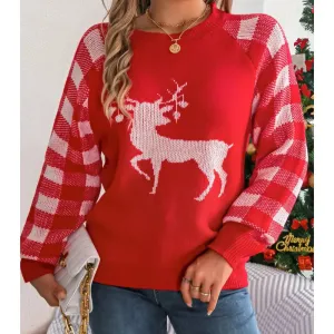 Wenkouban-Christmas Thanksgiving outfits_Loose Round Neck Knitted Autumn Winter Plaid Long Sleeved Christmas Christmas Sweater