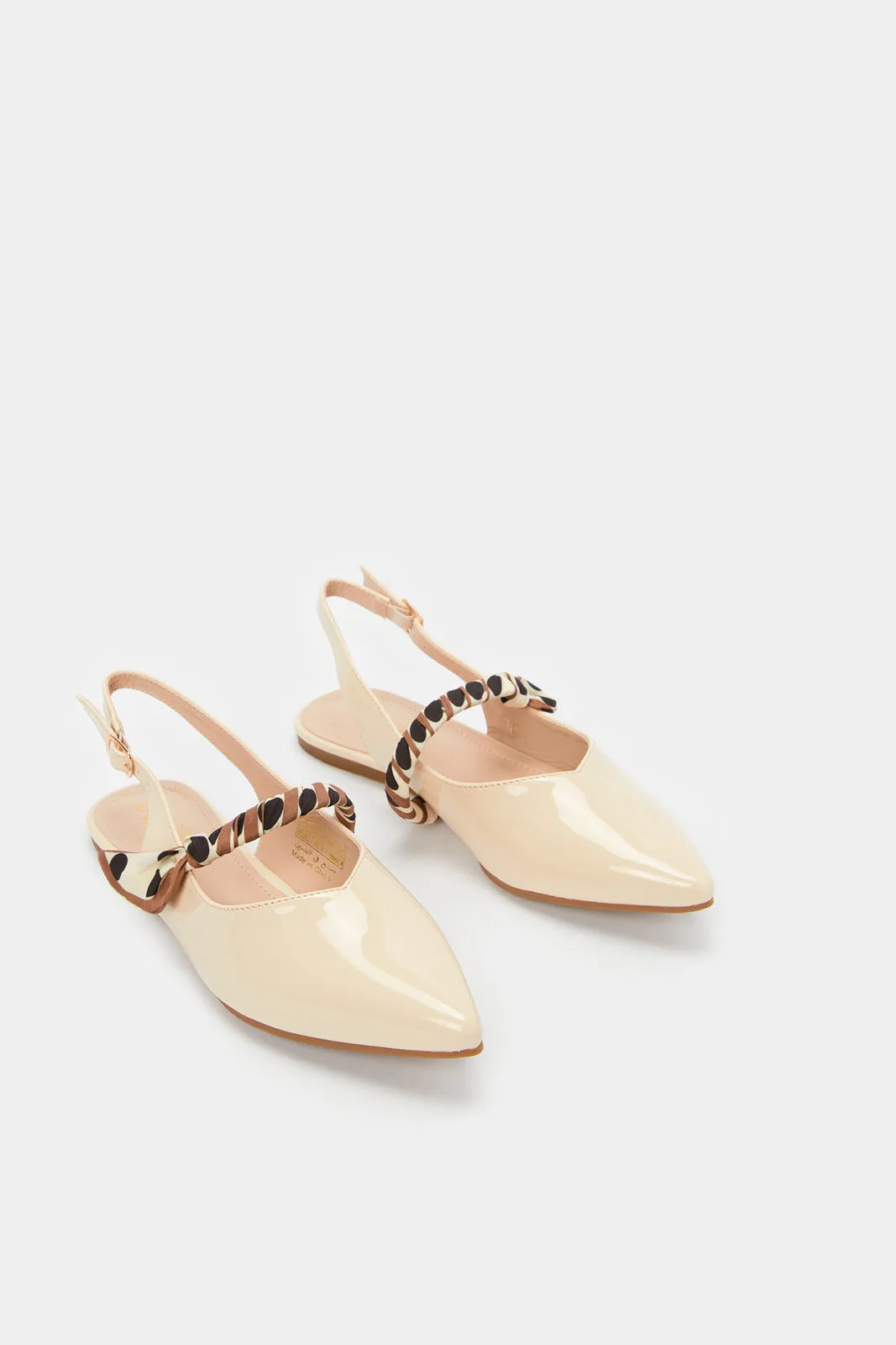 Women Beige Patent Scarf Trim Slingback