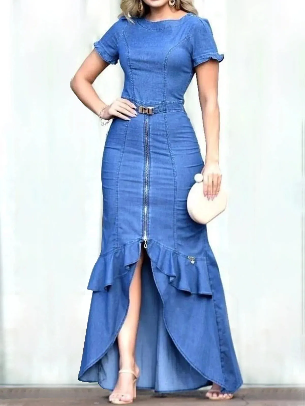 Women Fashion Plain Boat Neck Short Sleeve Tulip Hem Maxi Denim Bodycon Dress Denim Dress Casual Long Dresses Streetwear