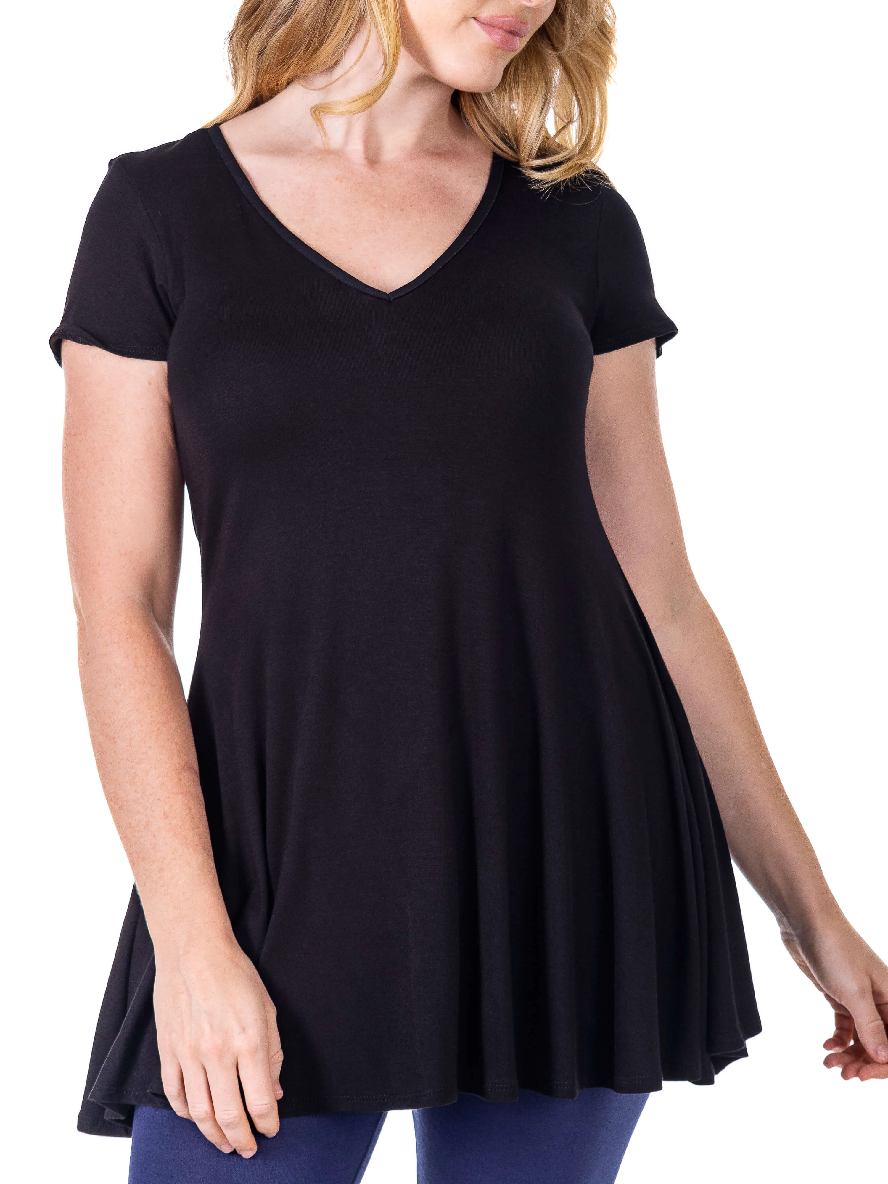 Women's Short Sleeve Loose Fit Tunic Top with V Neck