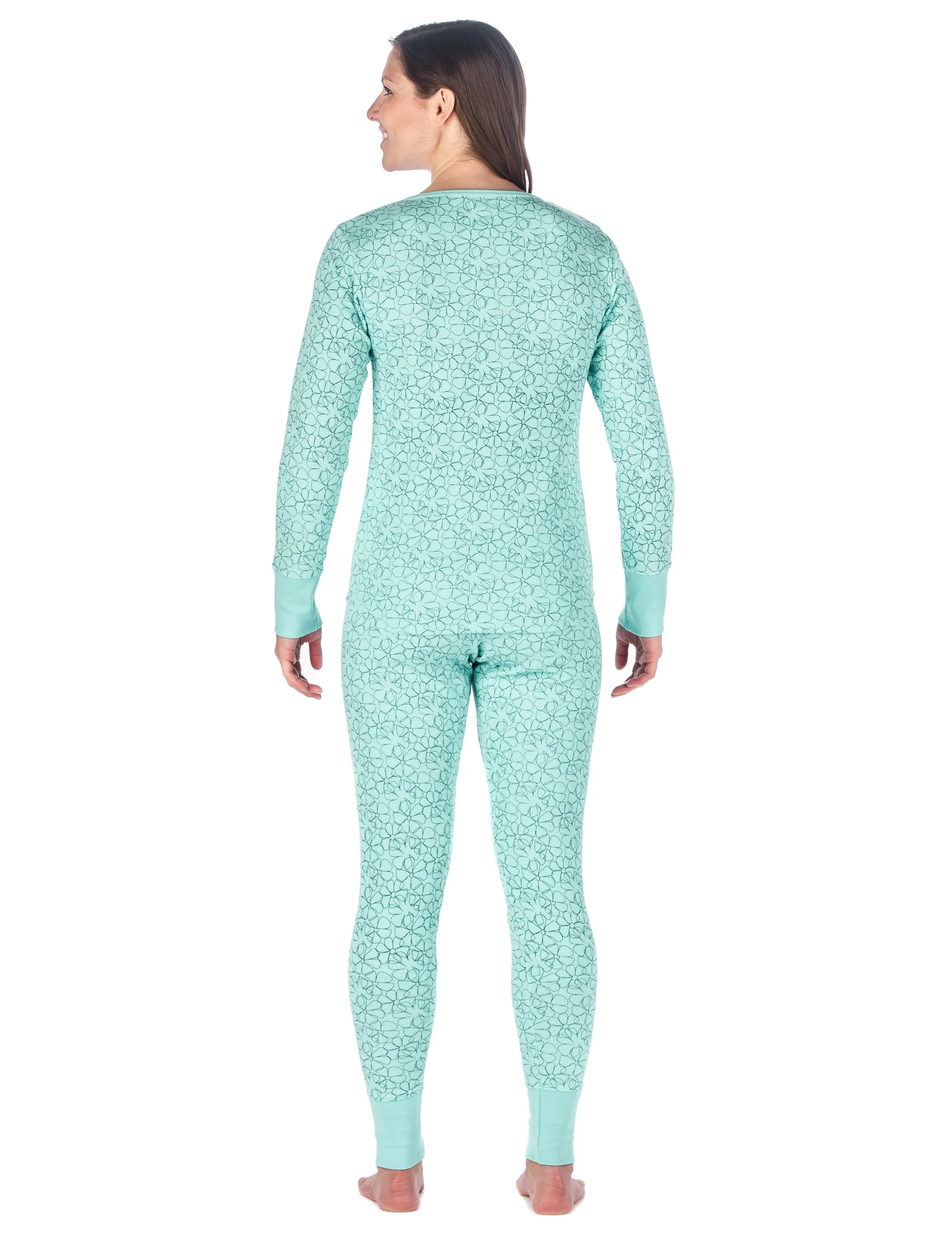 Womens Waffle Knit Thermal Sleep Set - Cute Prints