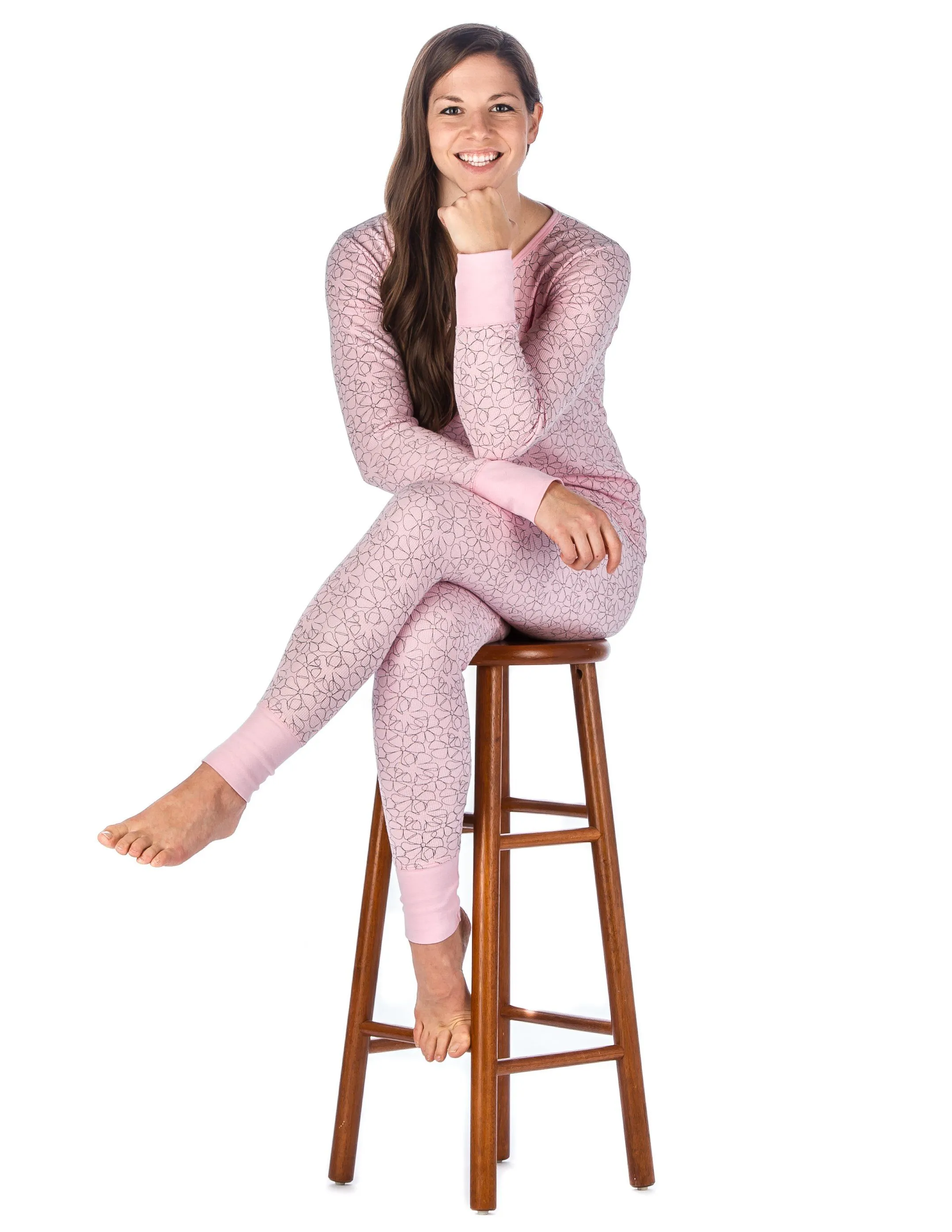 Womens Waffle Knit Thermal Sleep Set - Cute Prints