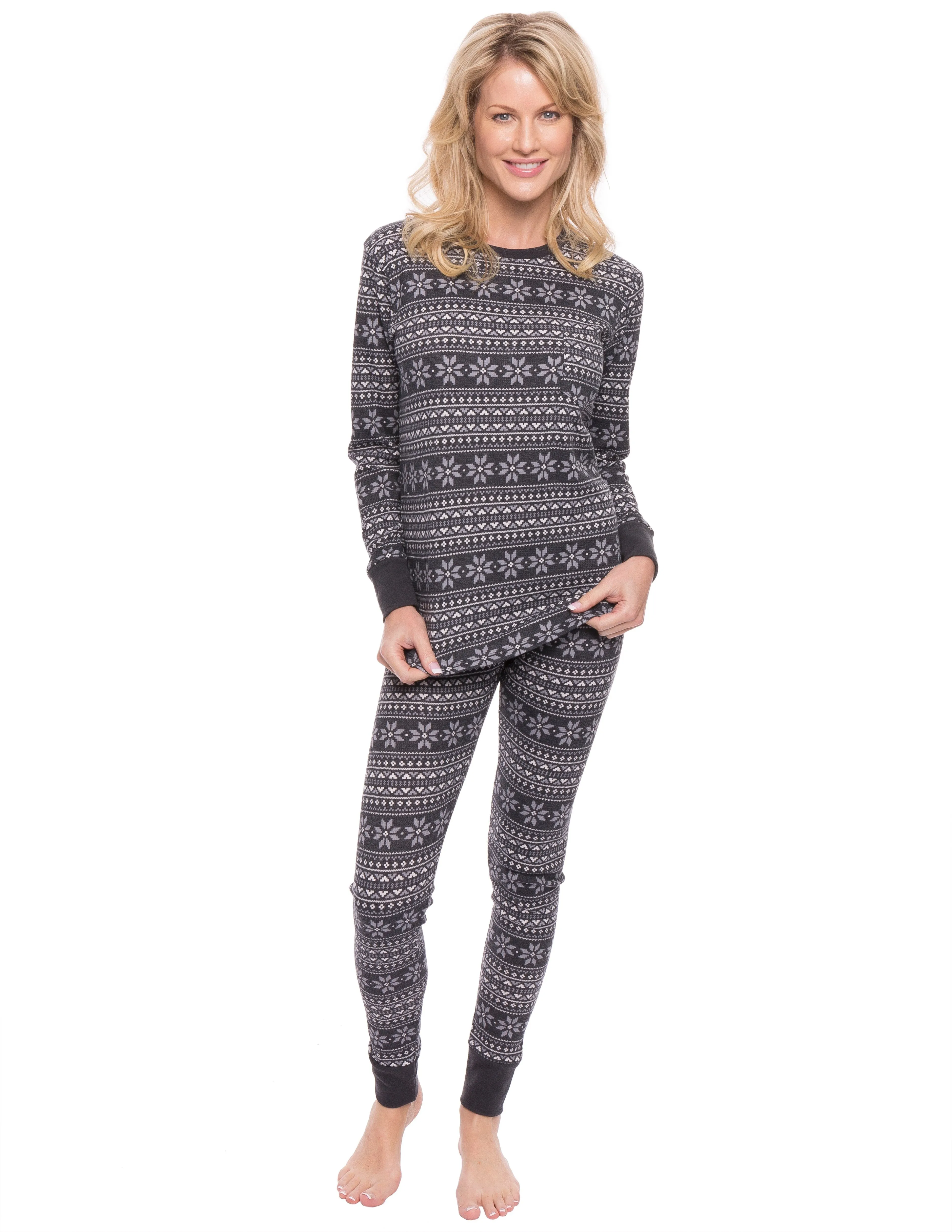 Womens Waffle Knit Thermal Sleep Set - Cute Prints