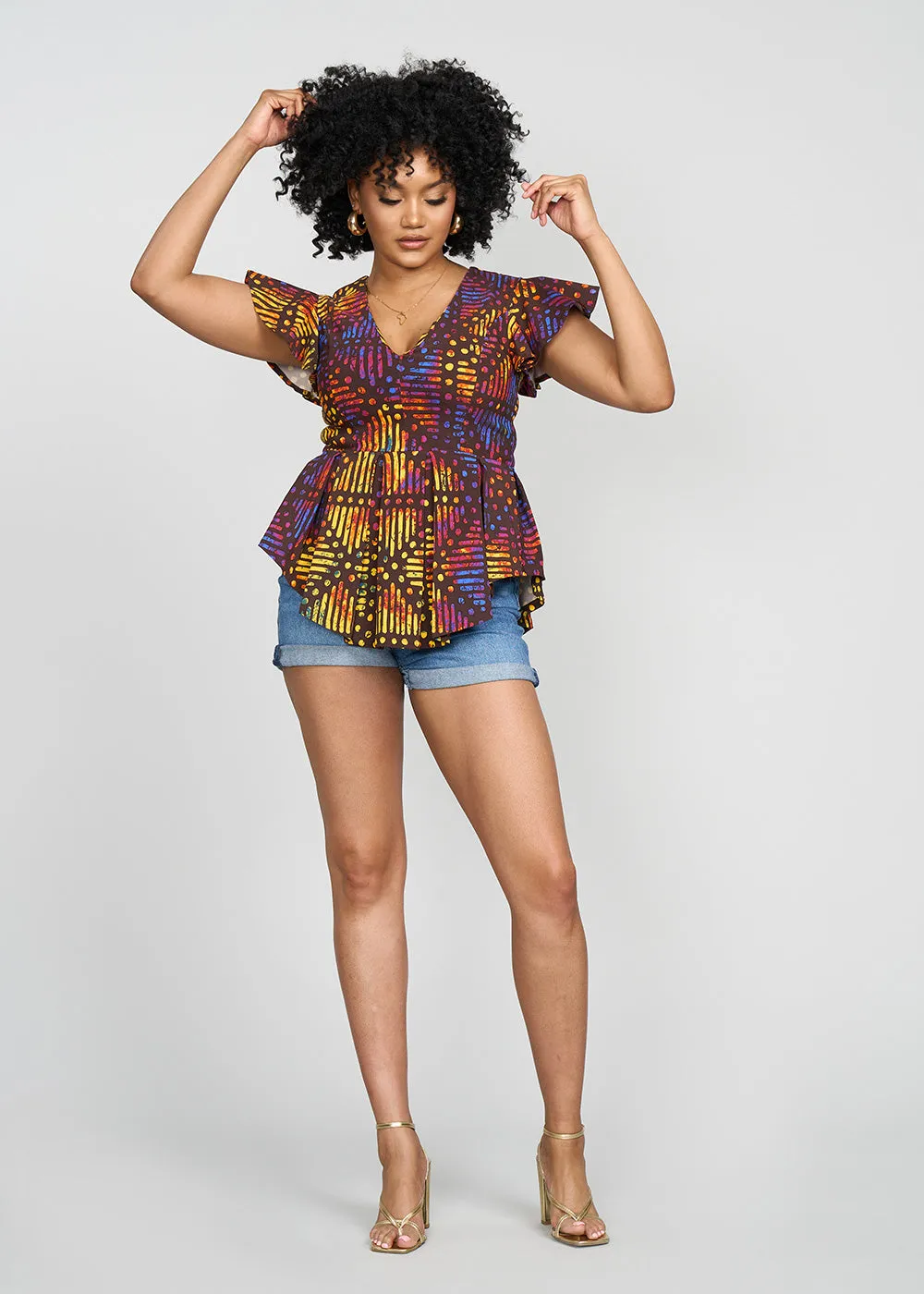 Zera Women's African Print Stretch Peplum Top (Sunset Adire)