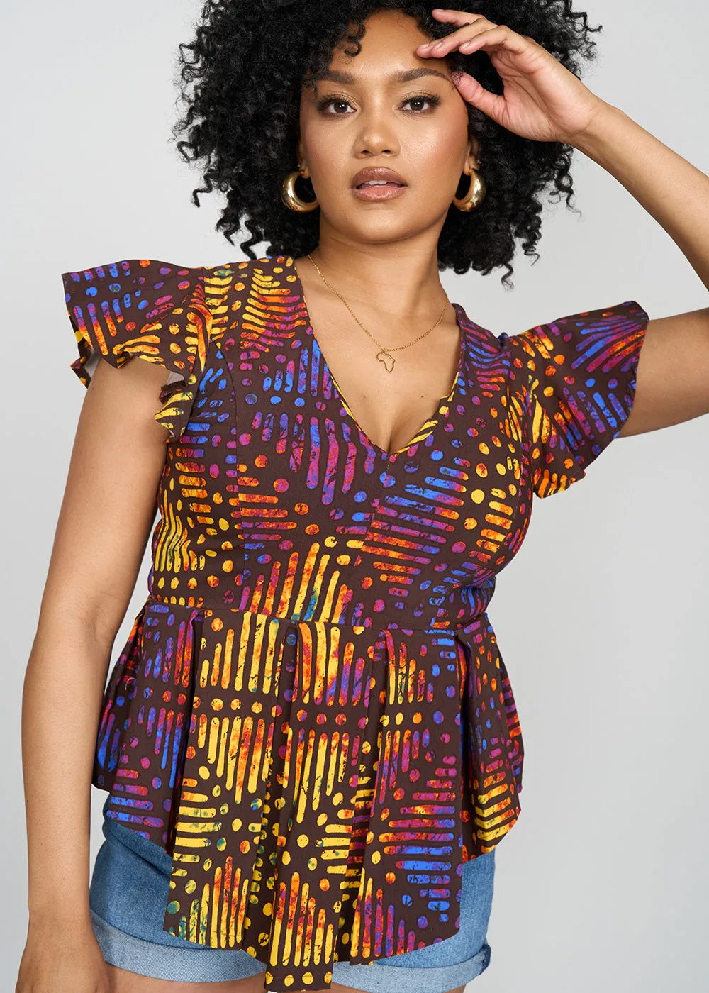 Zera Women's African Print Stretch Peplum Top (Sunset Adire)